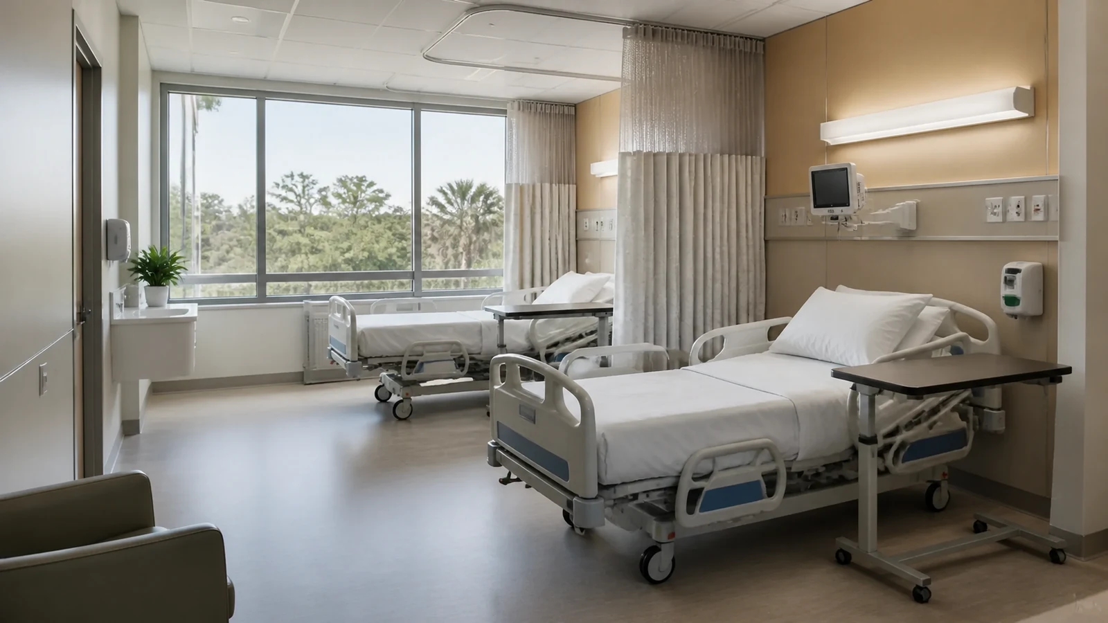 Empty hospital room with beds and privacy curtains