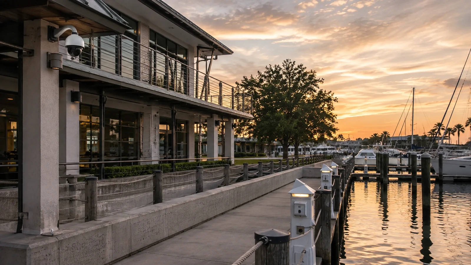 Marina property and dock at dusk
