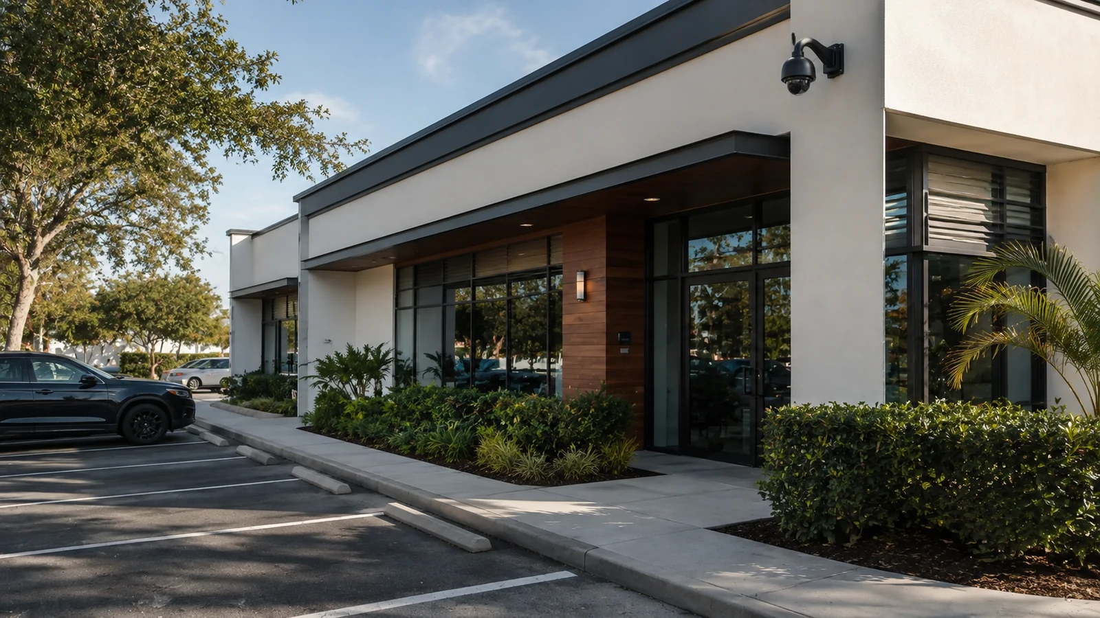 Small commercial building and parking area