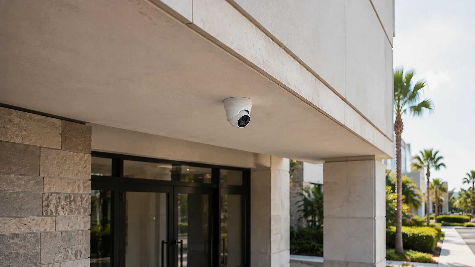 Single turret security camera mounted beneath a soffit above a commercial entrance.