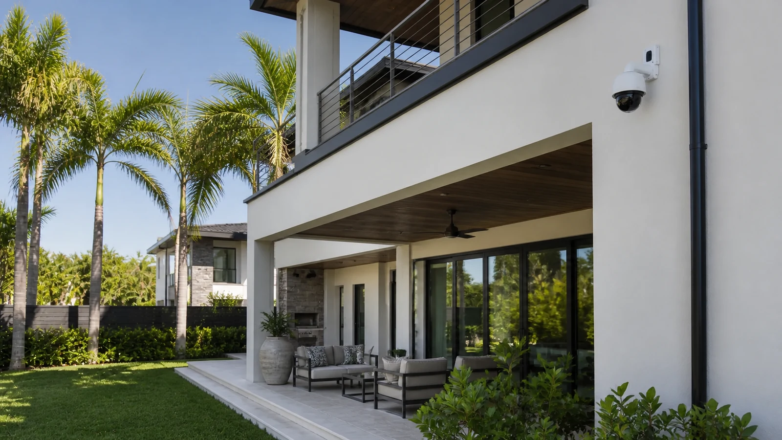 Rear exterior of a Florida residence with a patio and palm trees.