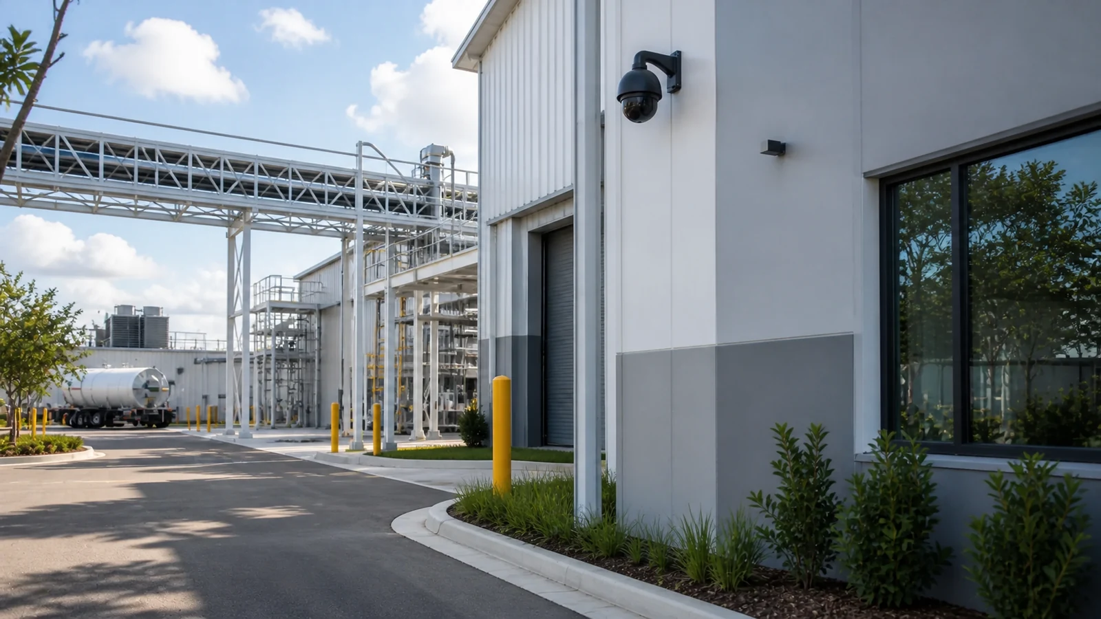 Exterior of an industrial facility with large metal structures