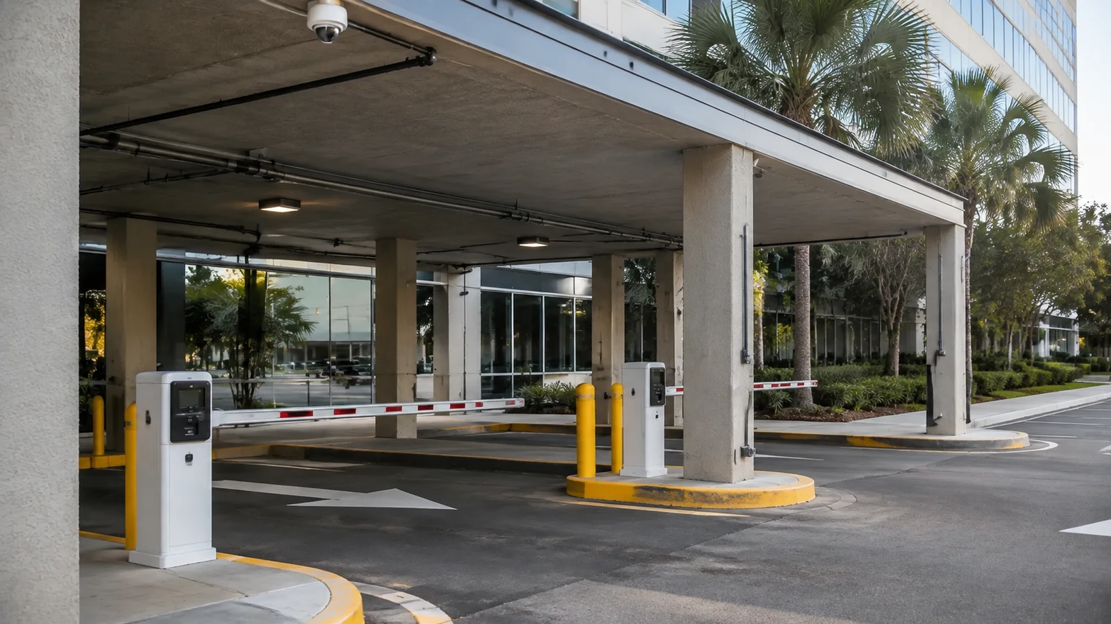 Empty covered parking lane with structural columns and yellow traffic barriers