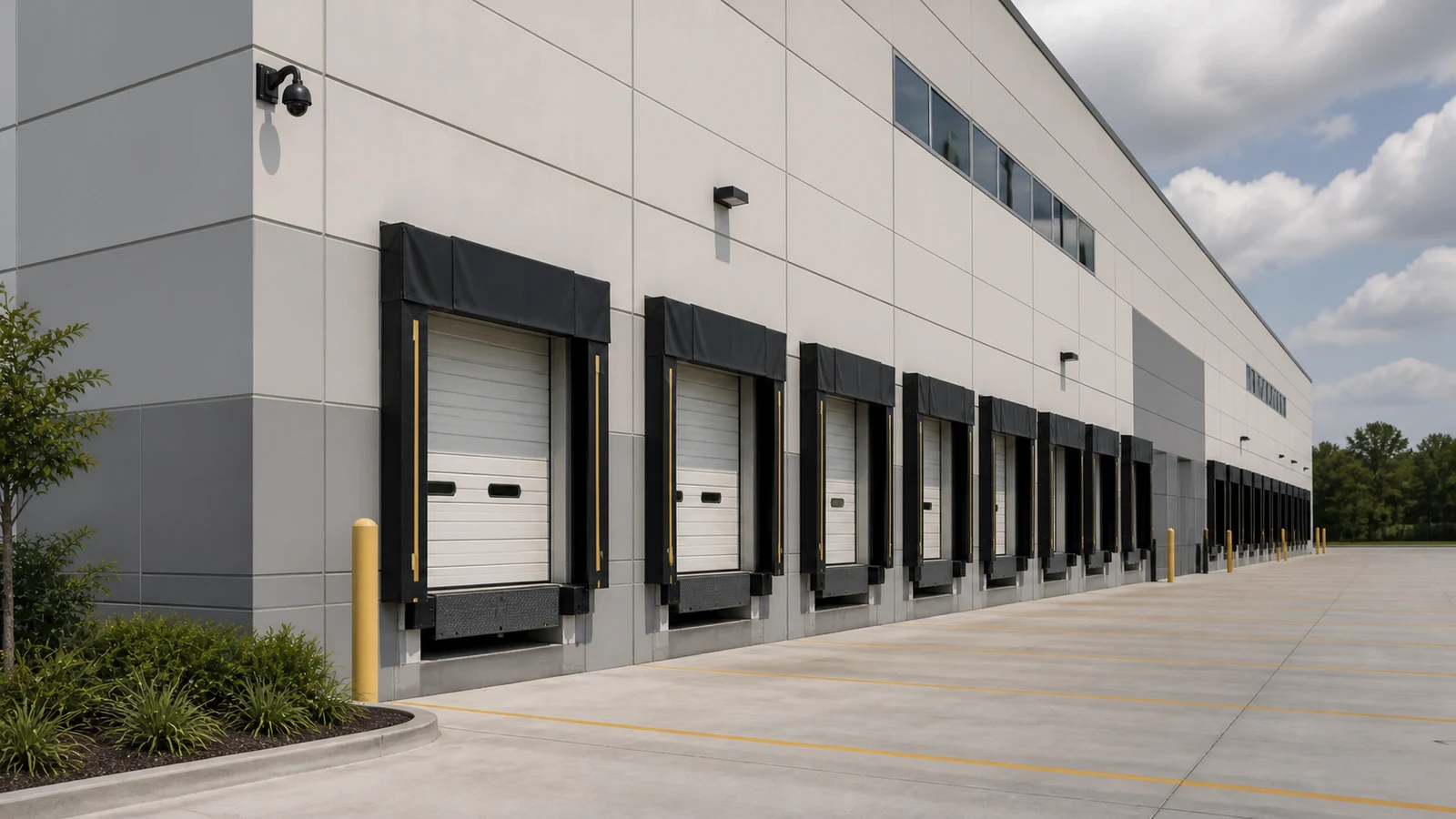 Row of loading-dock doors at a commercial logistics building