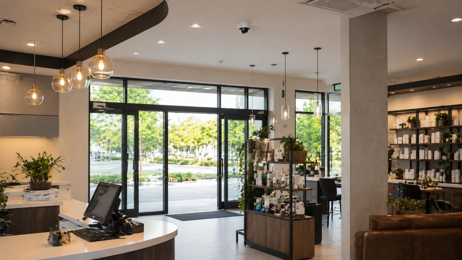 Exterior security cameras covering a finished retail and office property entrance.