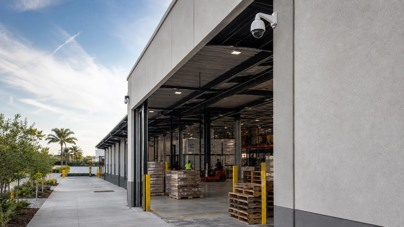 Active warehouse loading docks, pallet staging and high-bay camera coverage.