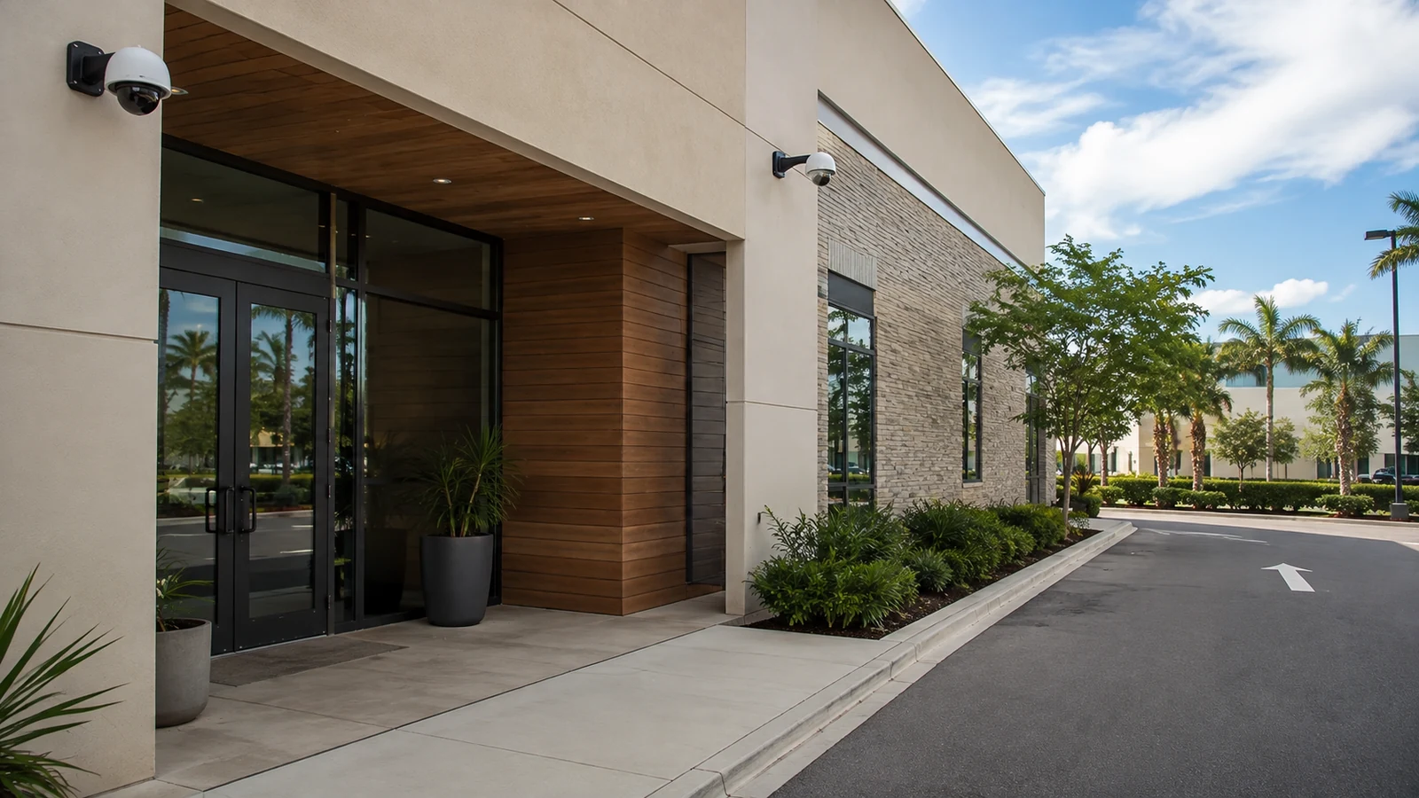 Finished commercial entrance and driveway covered by two exterior security cameras.