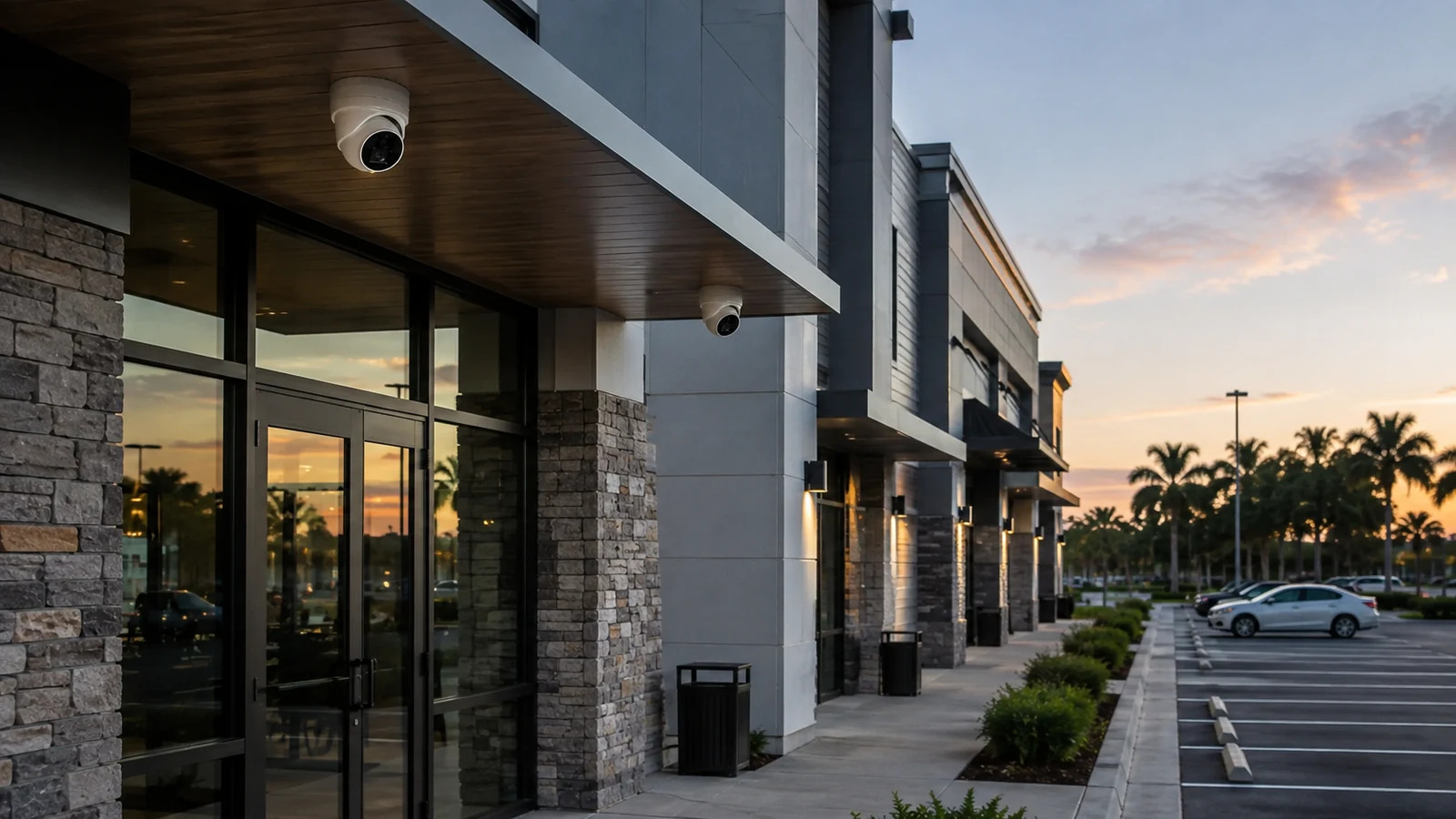 Soffit-mounted cameras covering a retail walkway and adjacent parking area at dusk.