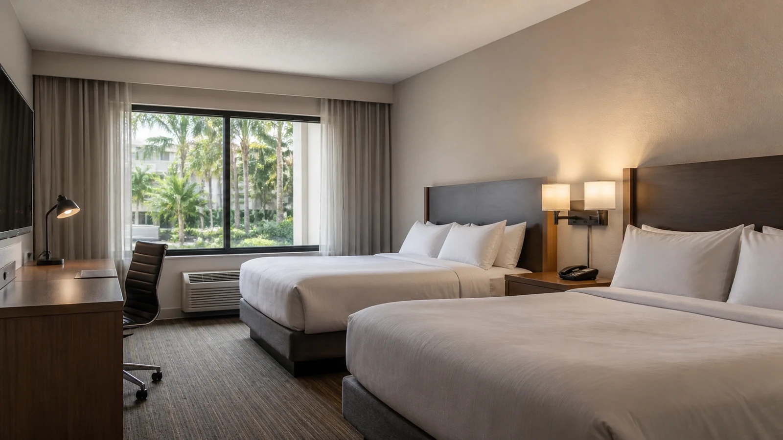 Empty hotel guest room with two beds and a window