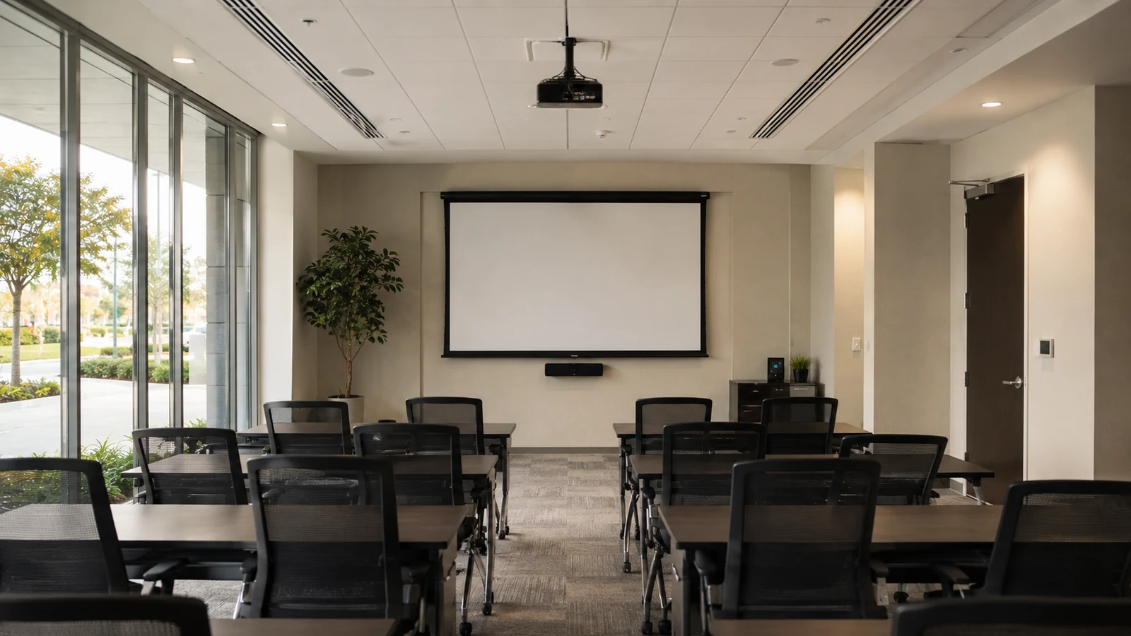 Finished shared meeting room with chairs facing a projection screen.