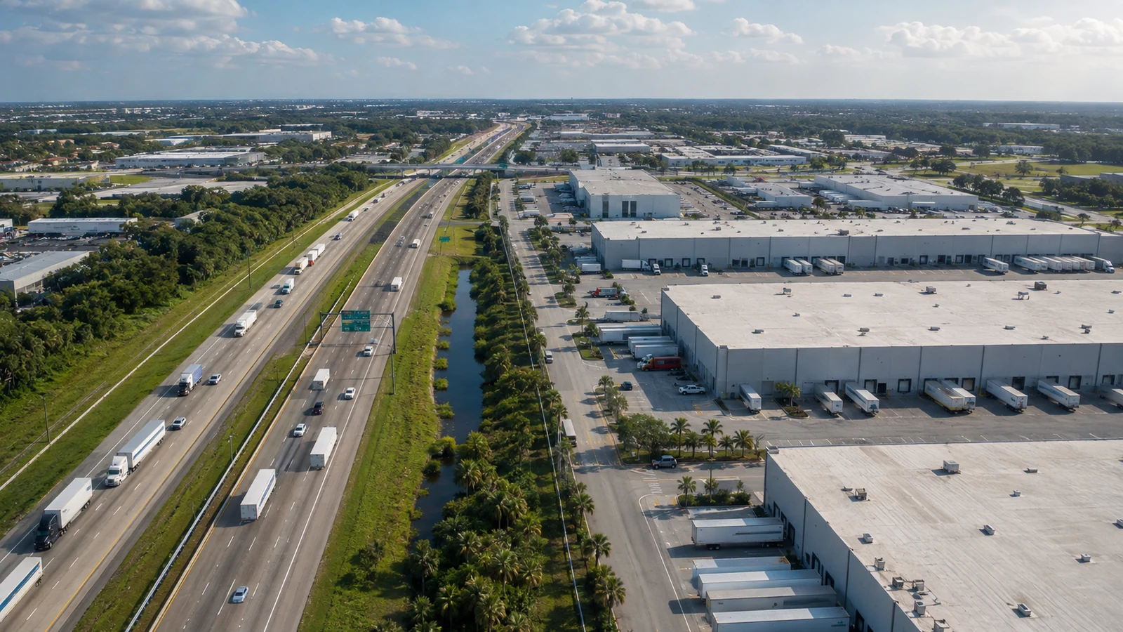 Aerial view of a major interstate and logistics corridor with warehouses and truck traffic