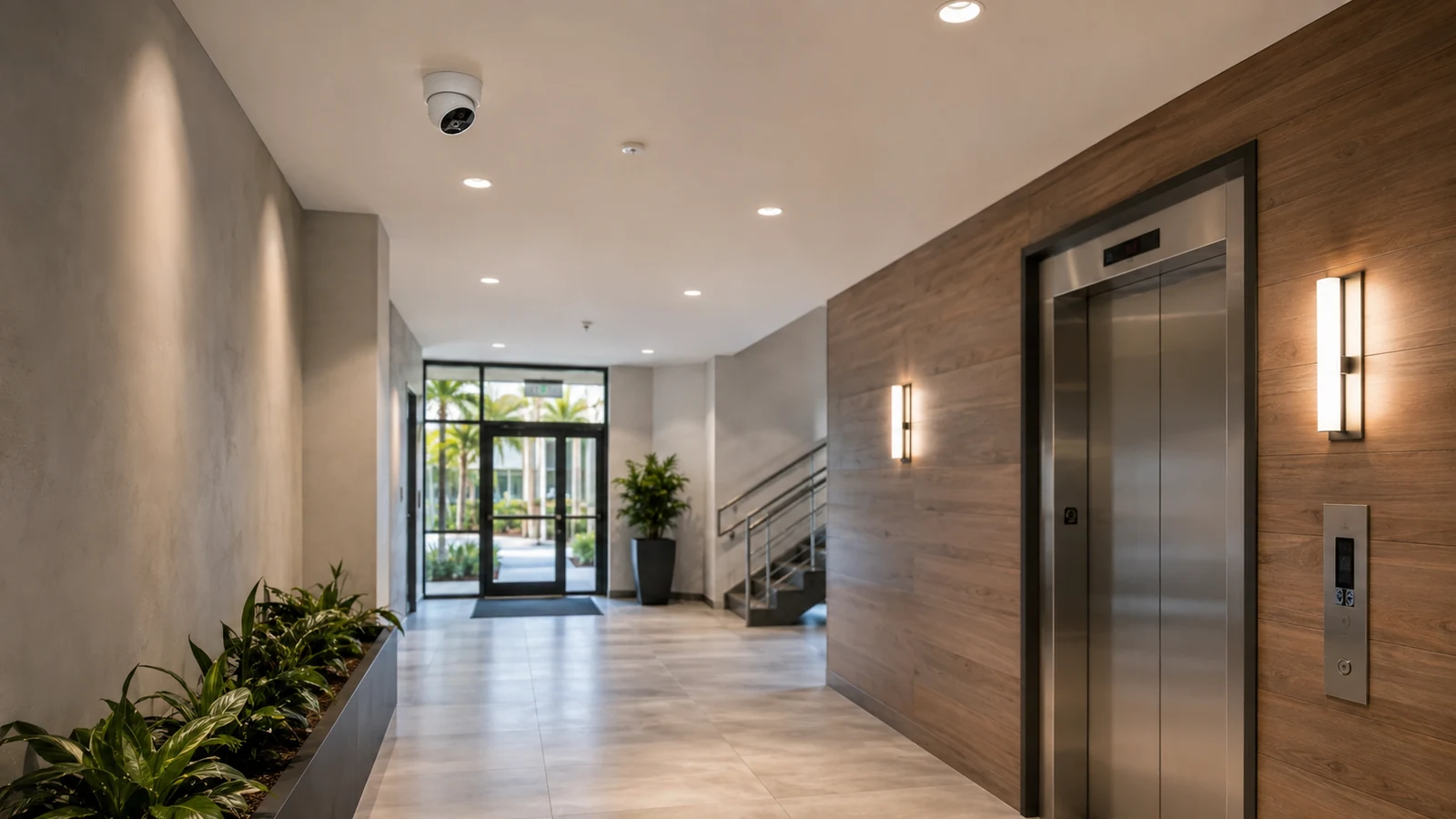 Managed-property lobby and common corridor with an elevator and ceiling-mounted security camera.