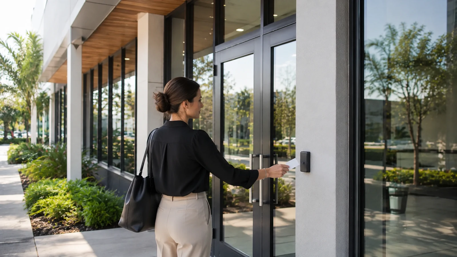 Visitor presenting a credential at a reader beside a finished glass office entrance