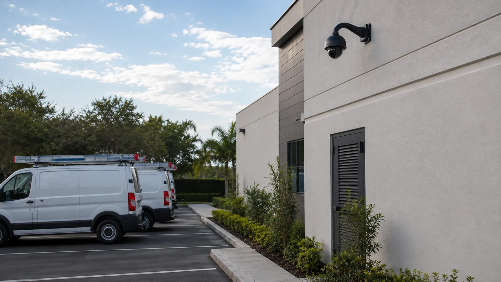 Fleet and service vehicles staged beside a commercial support building under exterior camera coverage.