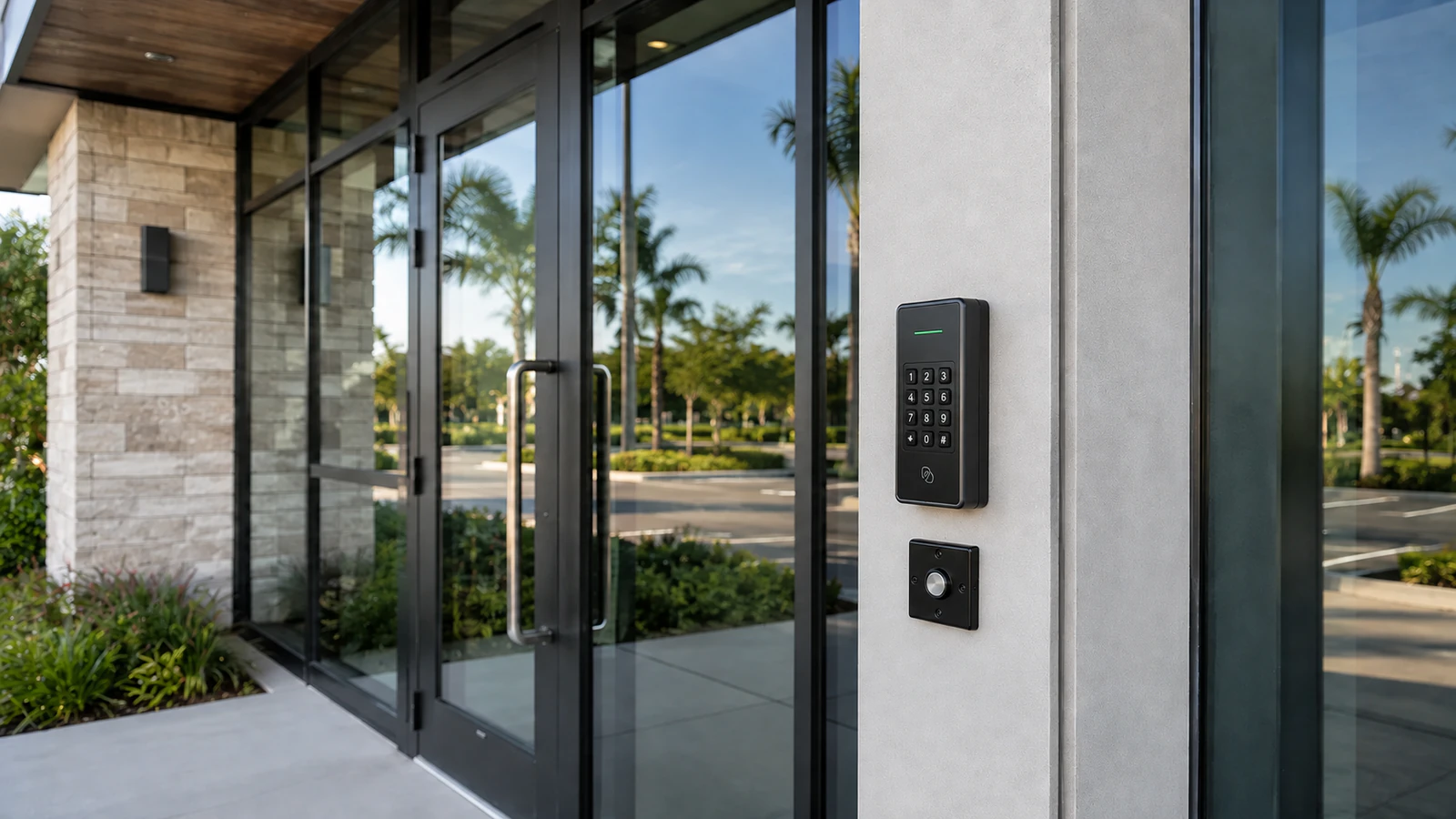 Wall-mounted access reader with a numeric keypad beside a commercial glass door and a separate push button.