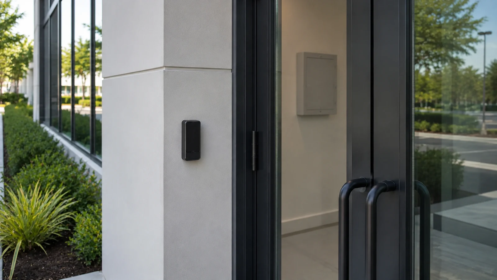 Wall-mounted credential reader beside a glass commercial entrance door.