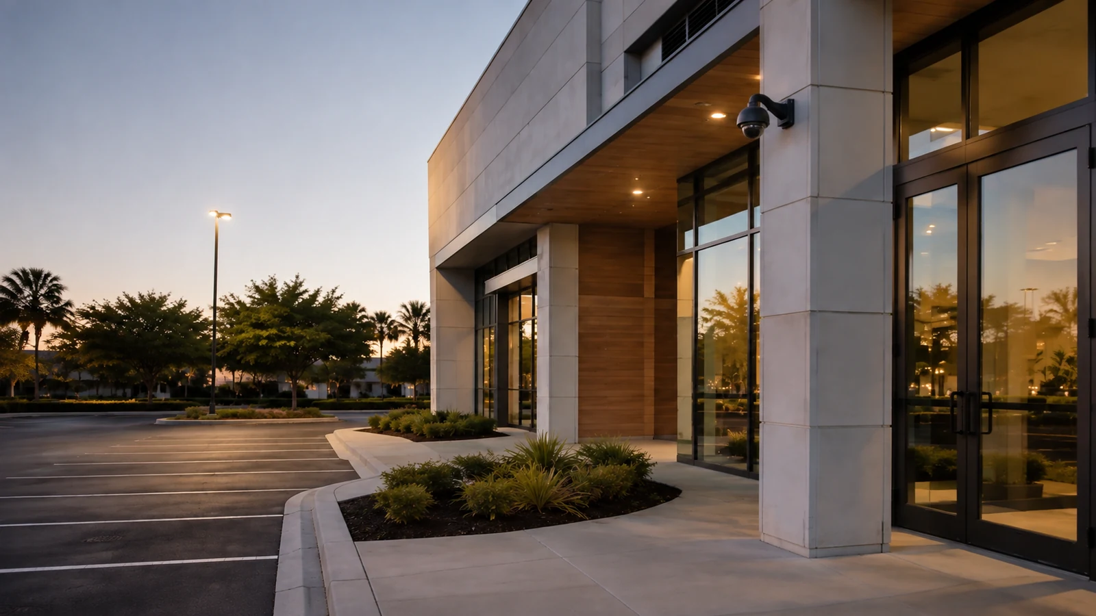 Single wall-mounted dome camera overlooking a commercial entrance and parking area at dusk.