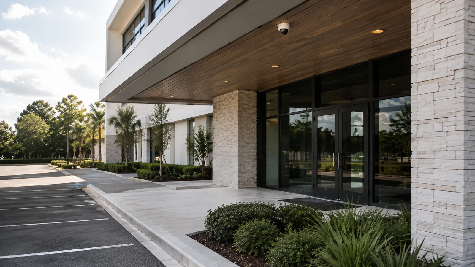 Ceiling-mounted dome camera above a commercial building entrance and parking approach.