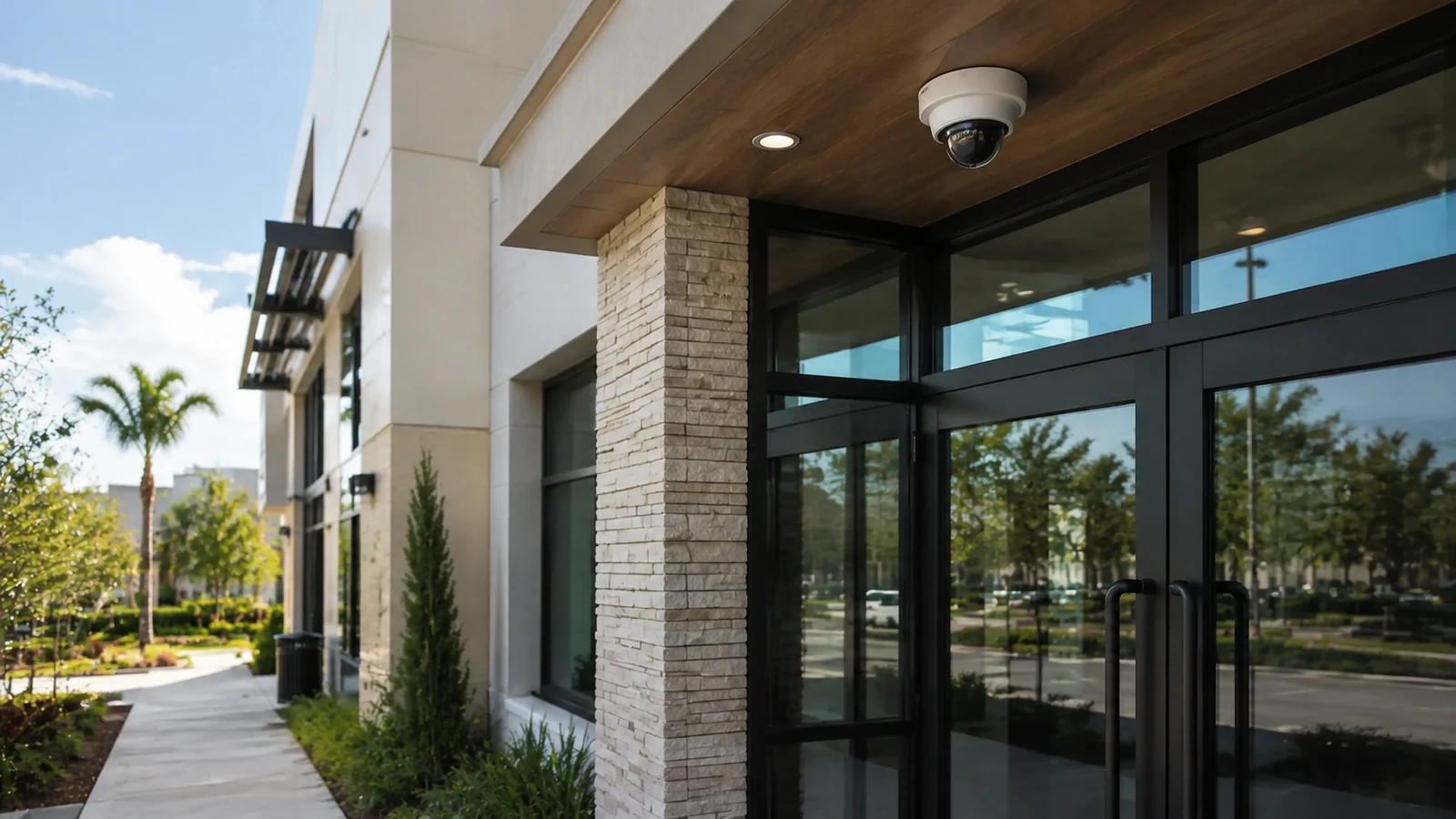 Exterior security camera installed above a finished commercial-property entrance.