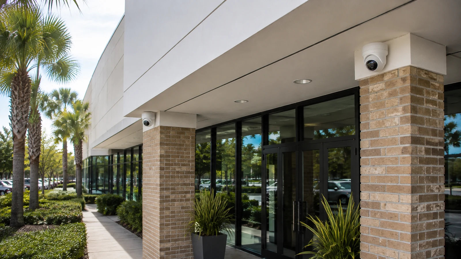 Multiple exterior dome cameras covering a brick commercial building entrance.