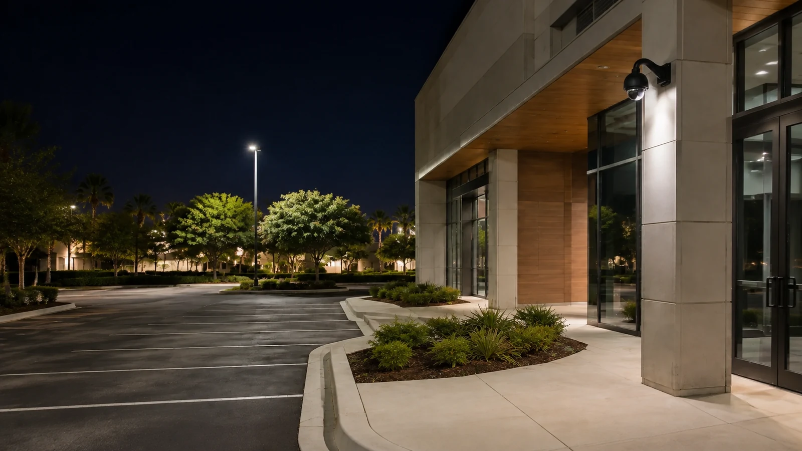 Wall-mounted dome security camera overlooking a commercial entrance and parking area at night.