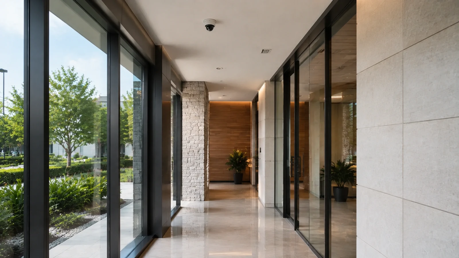 Commercial corridor with glass doors and a ceiling-mounted security camera.