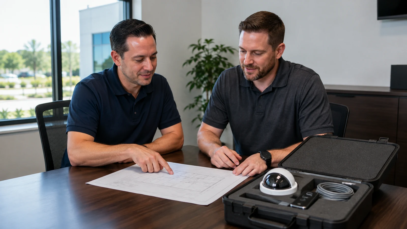 Low-voltage technicians reviewing a project plan with organized camera, access-control and cabling equipment