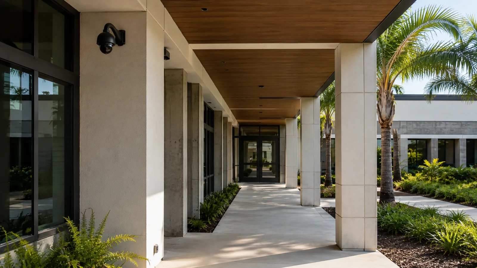 Covered outdoor campus walkway leading to an entrance, with a wall-mounted security camera.
