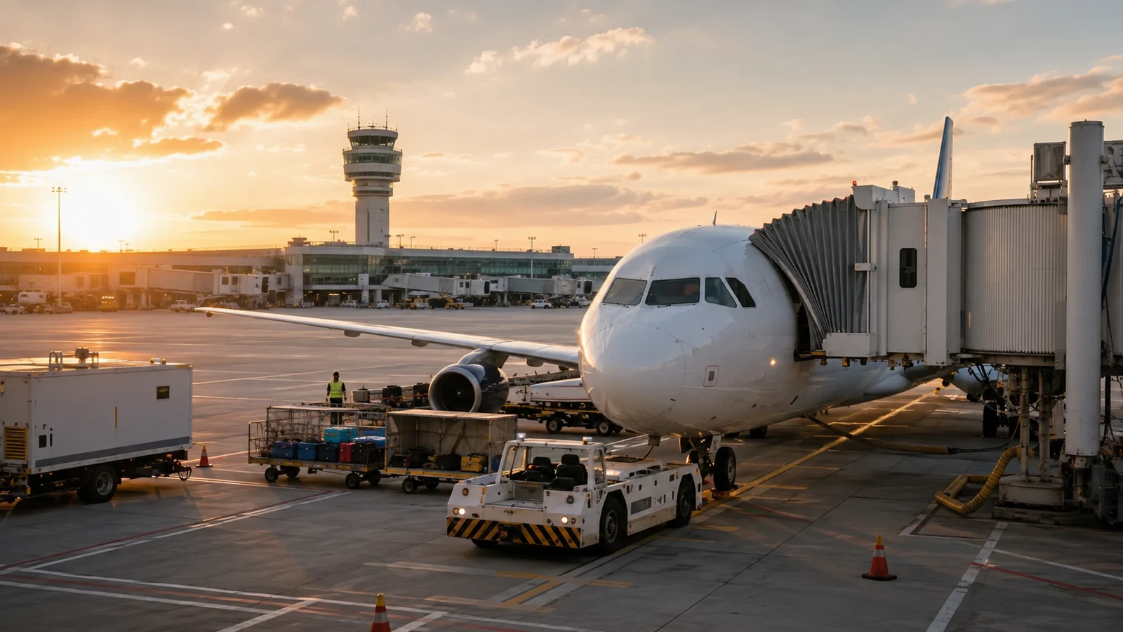 Airport ramp with passenger aircraft, jet bridges, ground-service vehicles and a control tower at sunset.