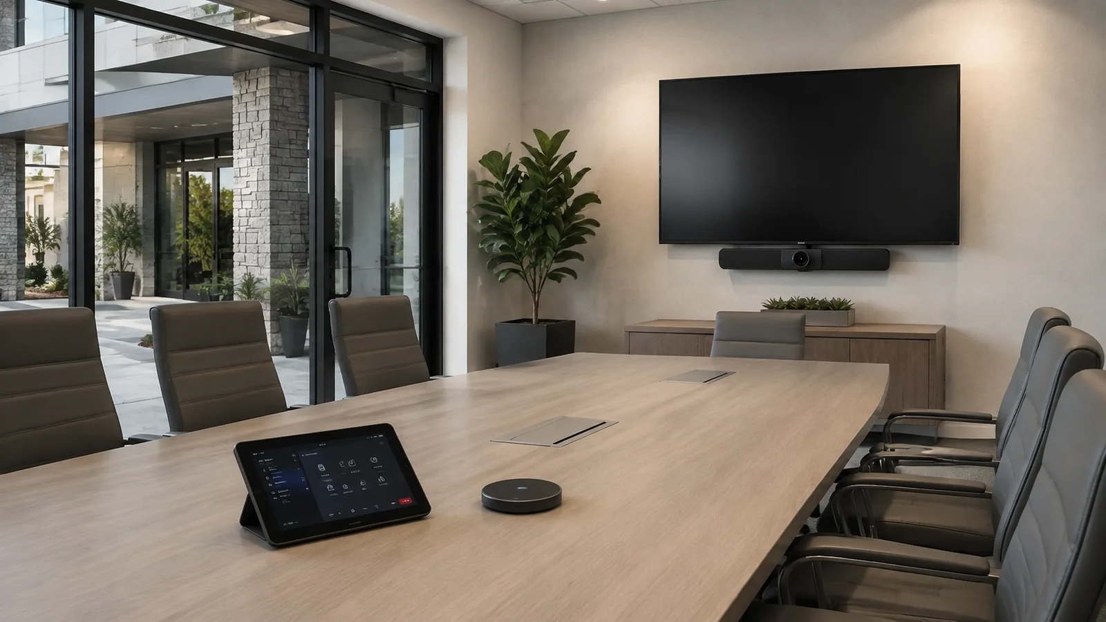 Finished conference room with a wall display and table-mounted collaboration controls