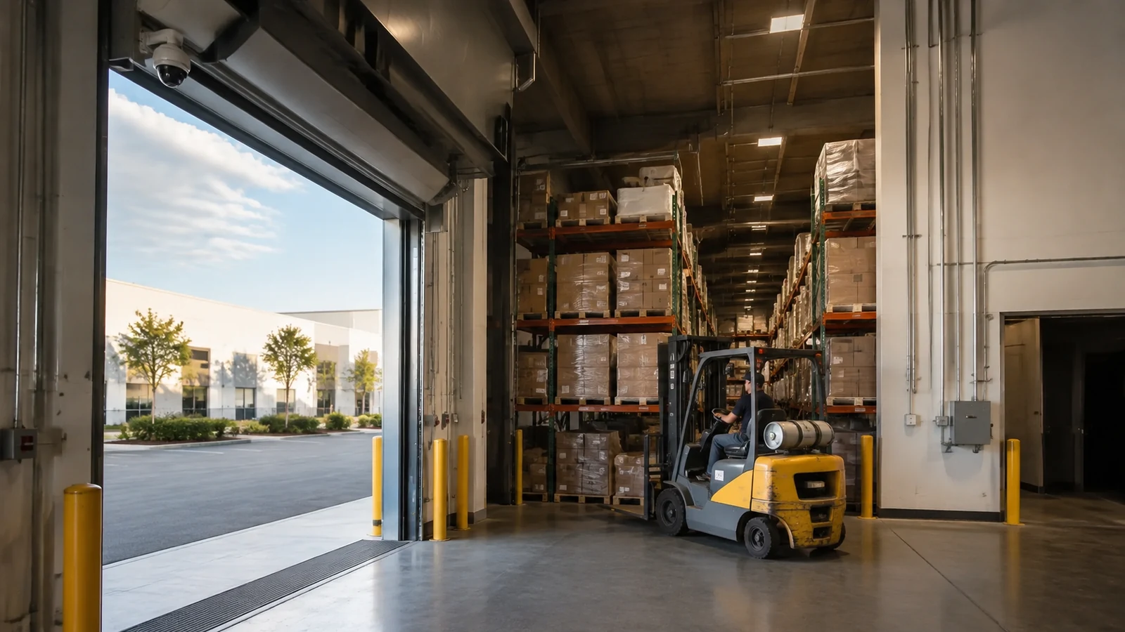Warehouse staging area with pallet racks, a forklift and an open loading bay.