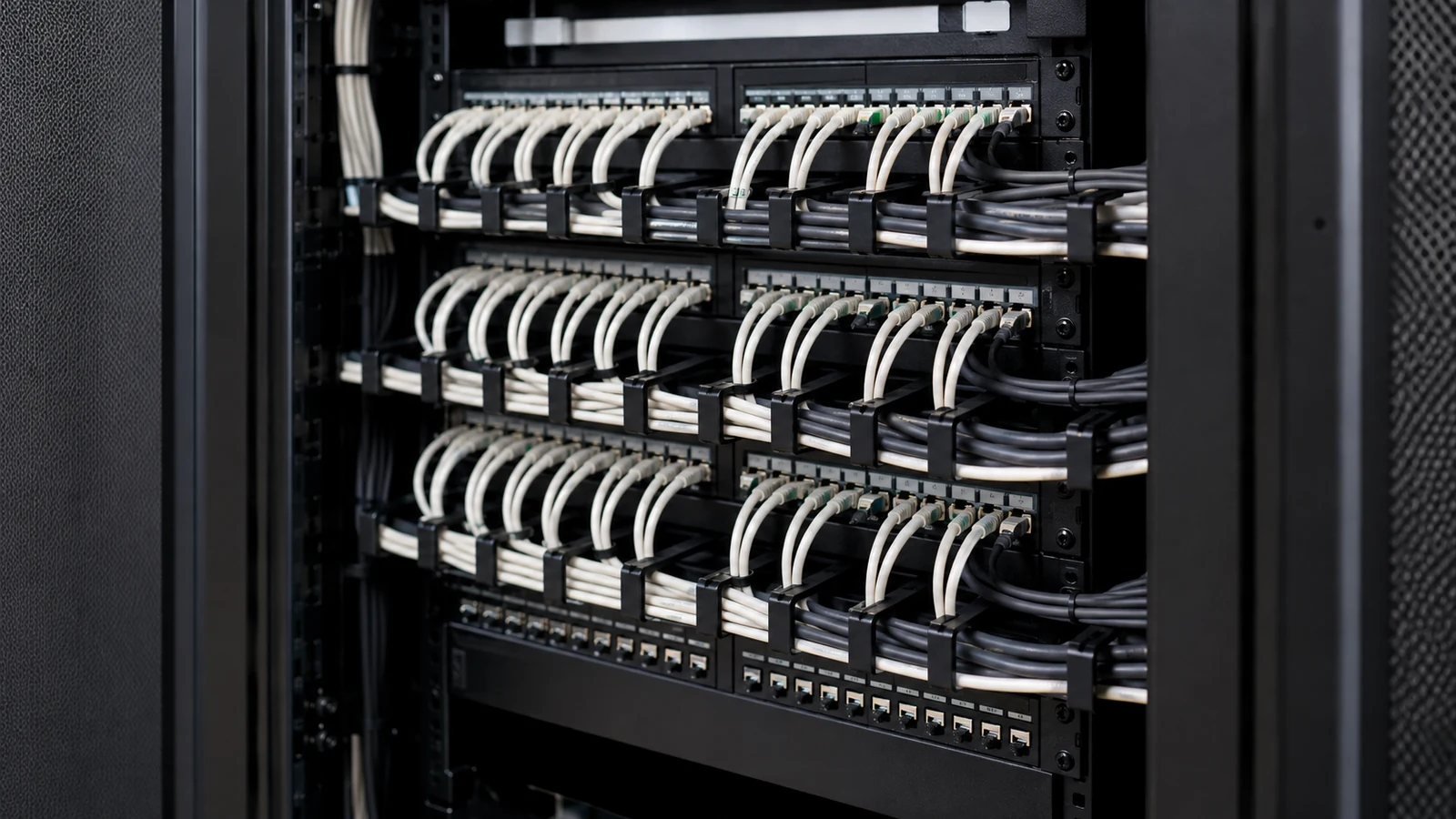 Blue network patch leads organized across rack-mounted patch panels.
