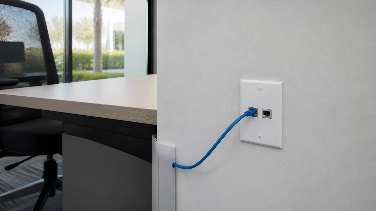 Ethernet wall outlets beside an office workstation, with one blue patch cord routed into a covered cable channel.