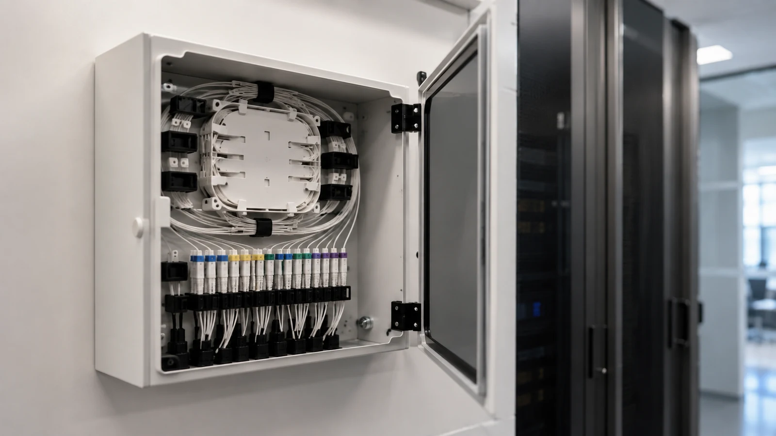 Documentary view of commercial fiber-optic cabling and termination work