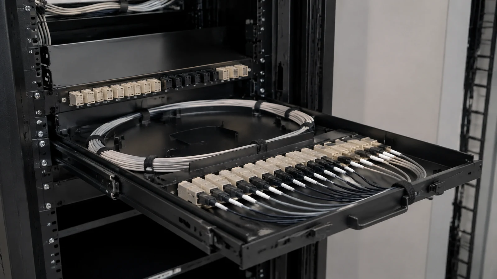 Open rack-mounted fiber drawer with protected fiber slack and organized terminations.