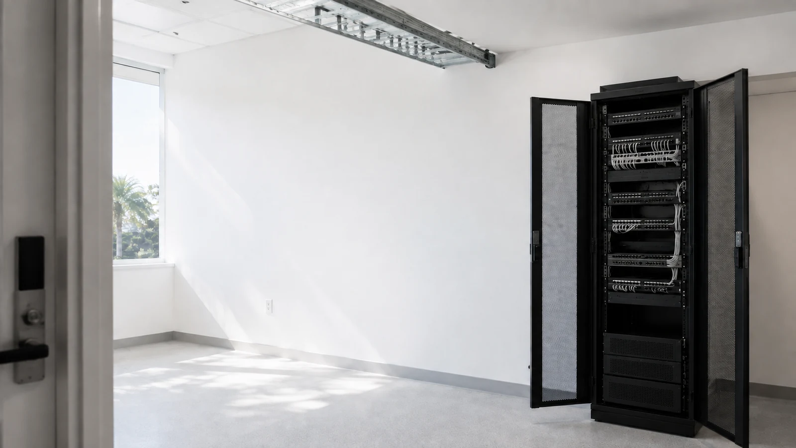 Documentary view of commercial structured cabling and network equipment