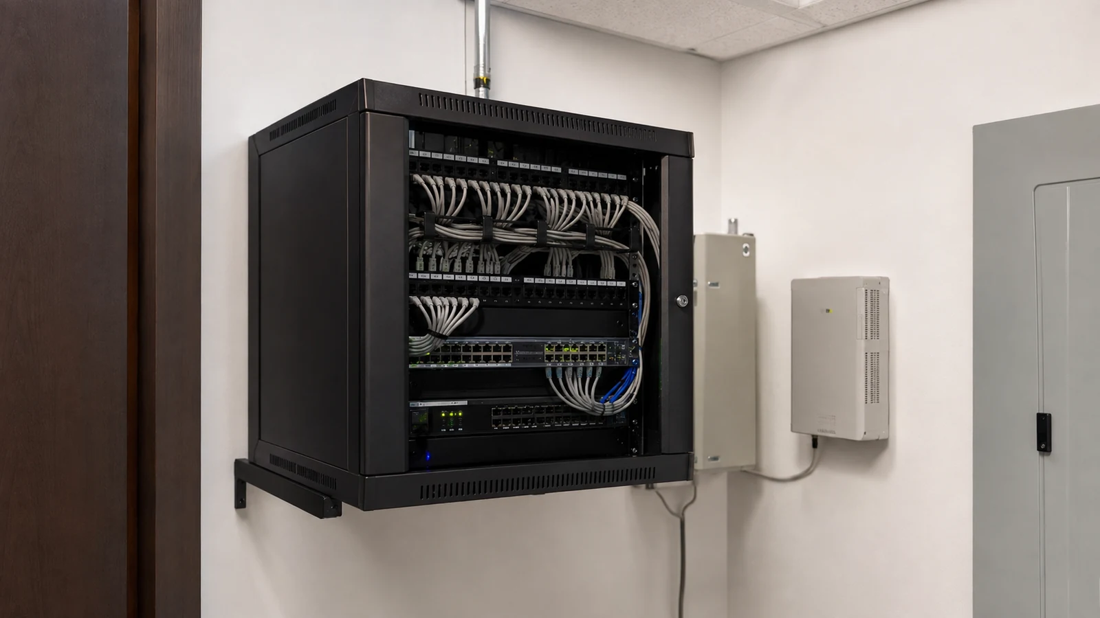 Documentary view of commercial structured cabling and network equipment