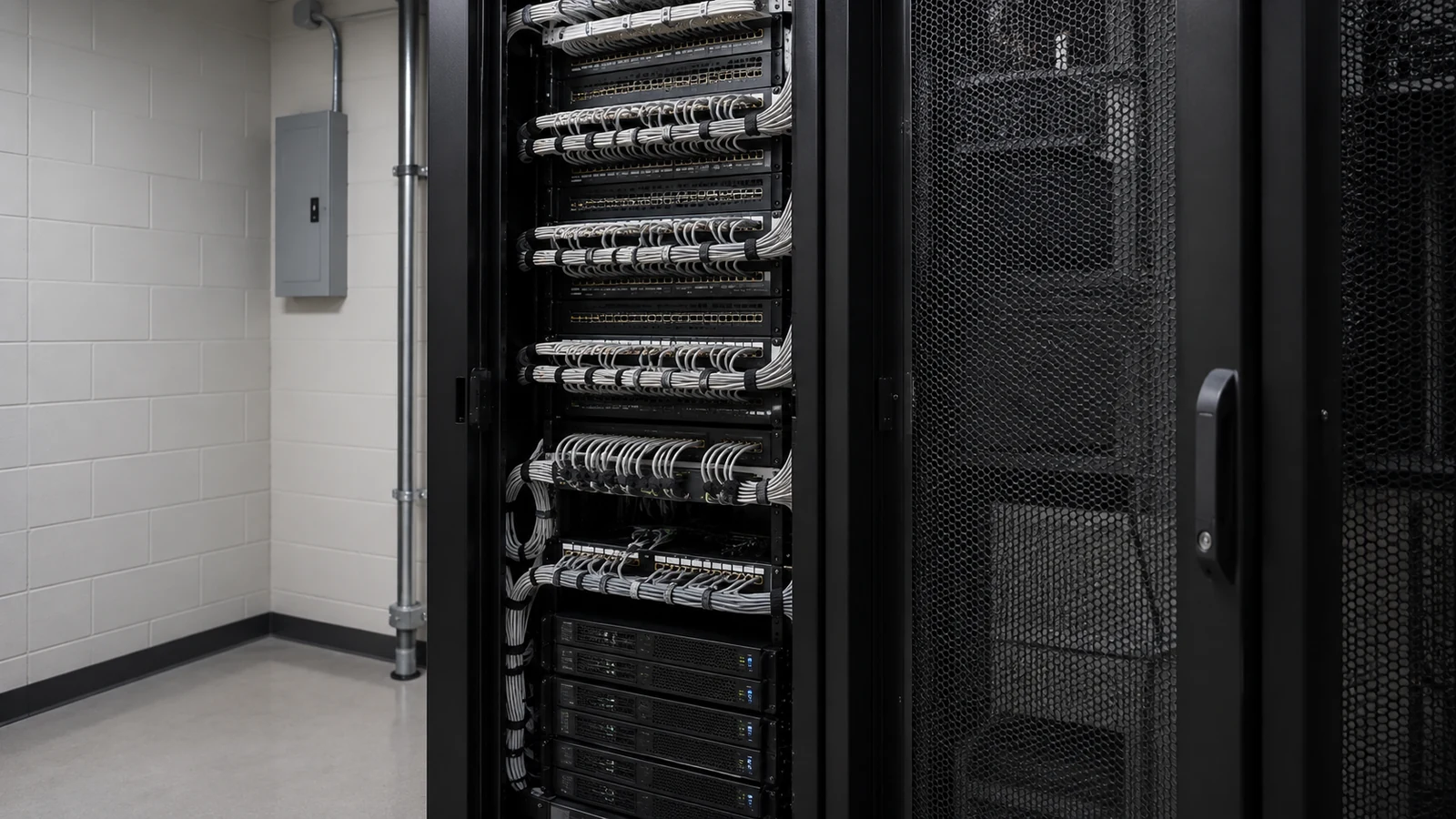 Network racks with managed patch cabling in a dedicated telecom room.
