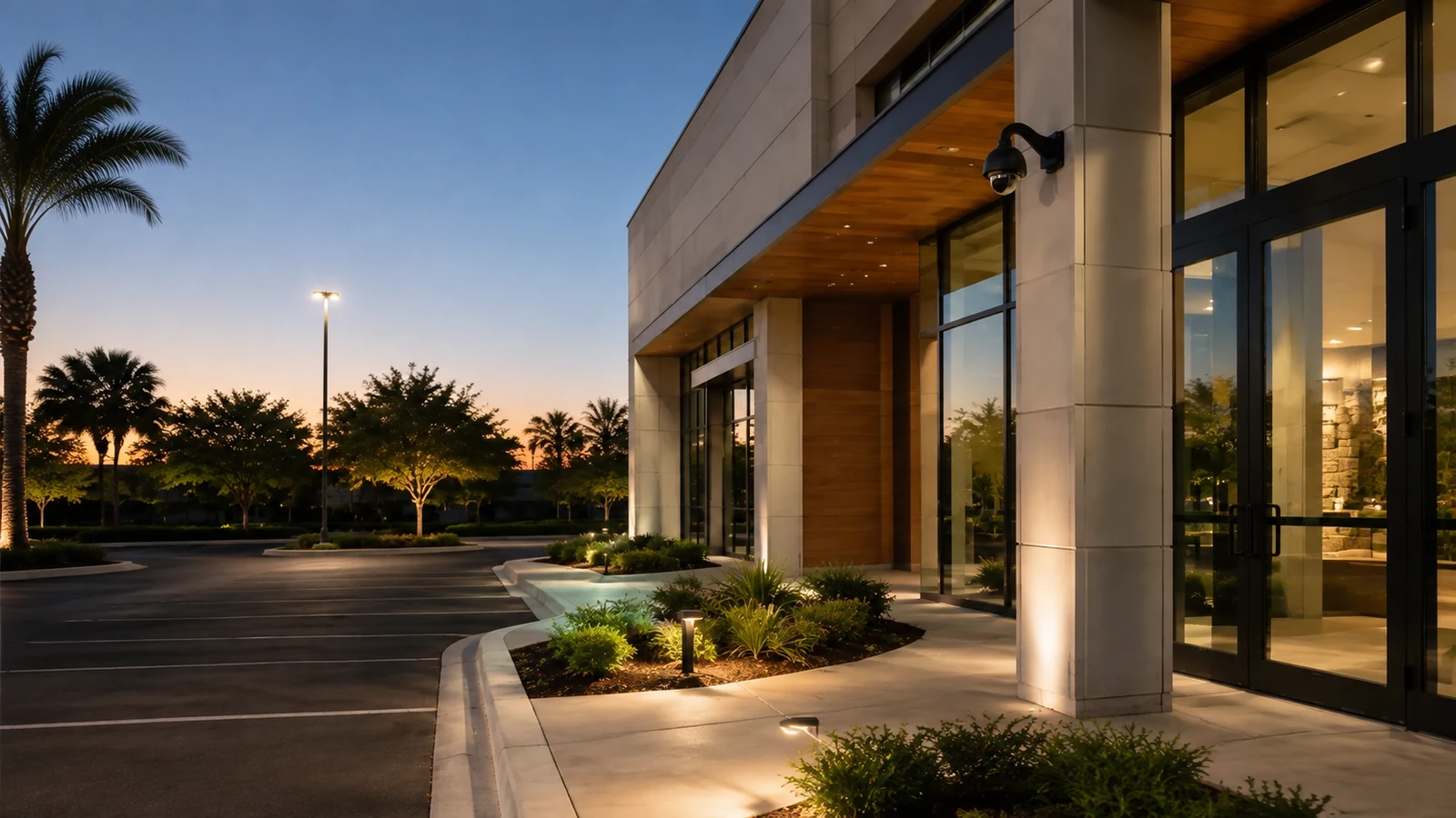 Palm-lined hotel entrance illuminated at dusk
