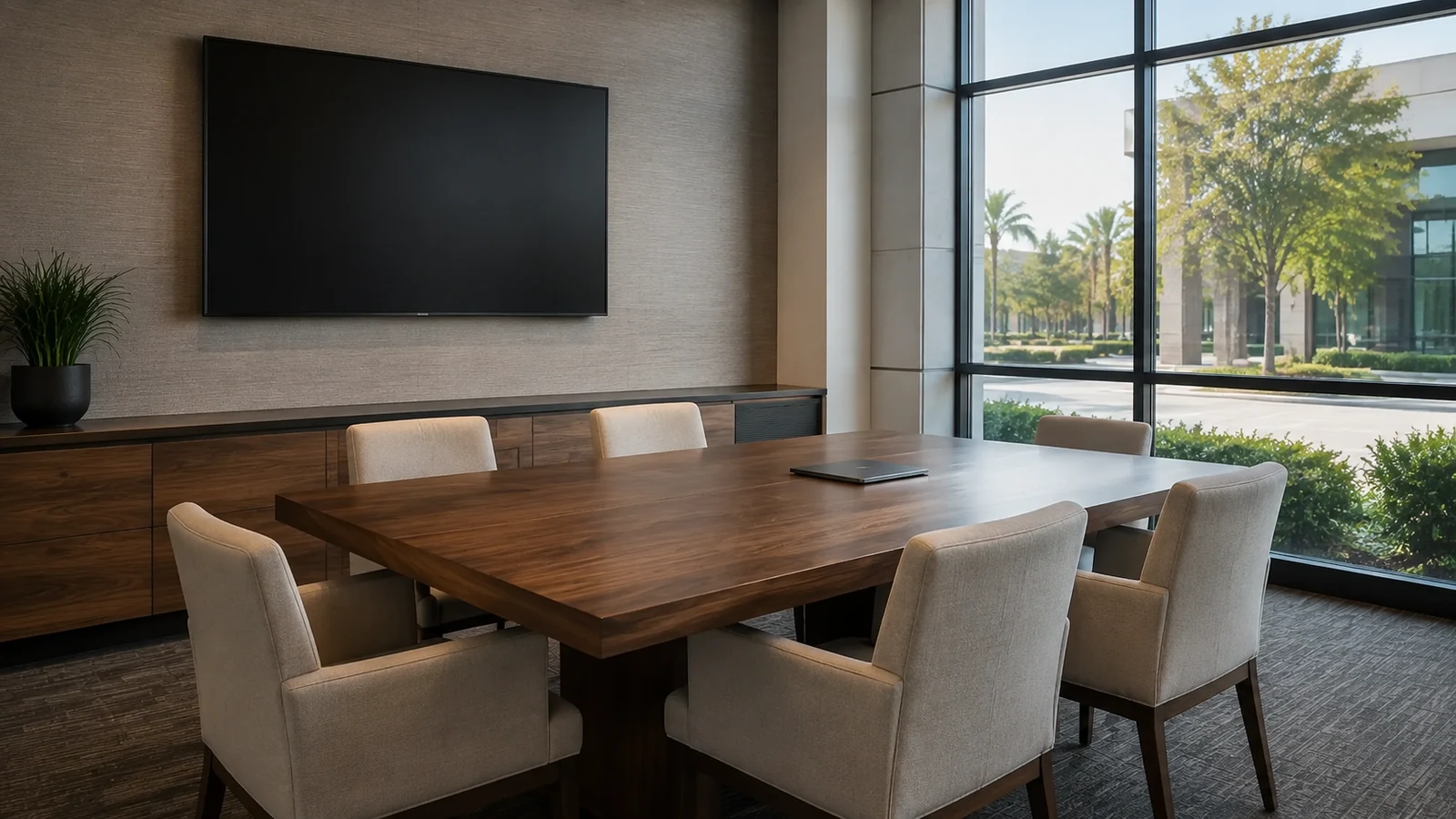 Empty corporate meeting room with a conference table, six upholstered office chairs, a large blank wall display, laptop