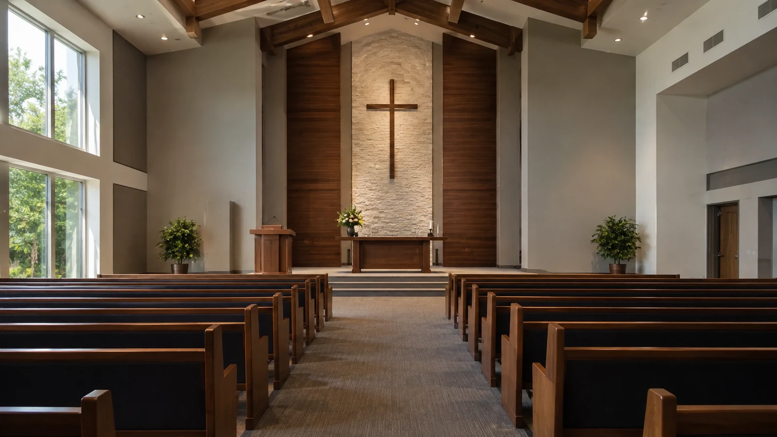 Empty Christian church sanctuary with wooden pews, a central aisle, chancel, pulpit and altar visible