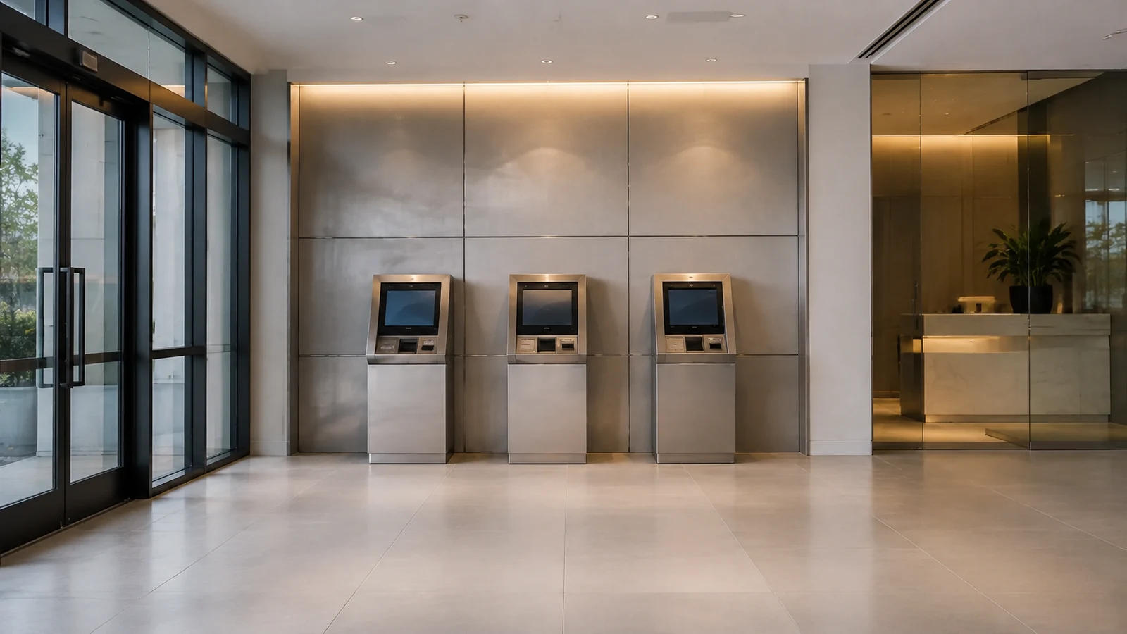 Three indoor self-service bank terminals aligned against a metal wall inside a financial-service lobby