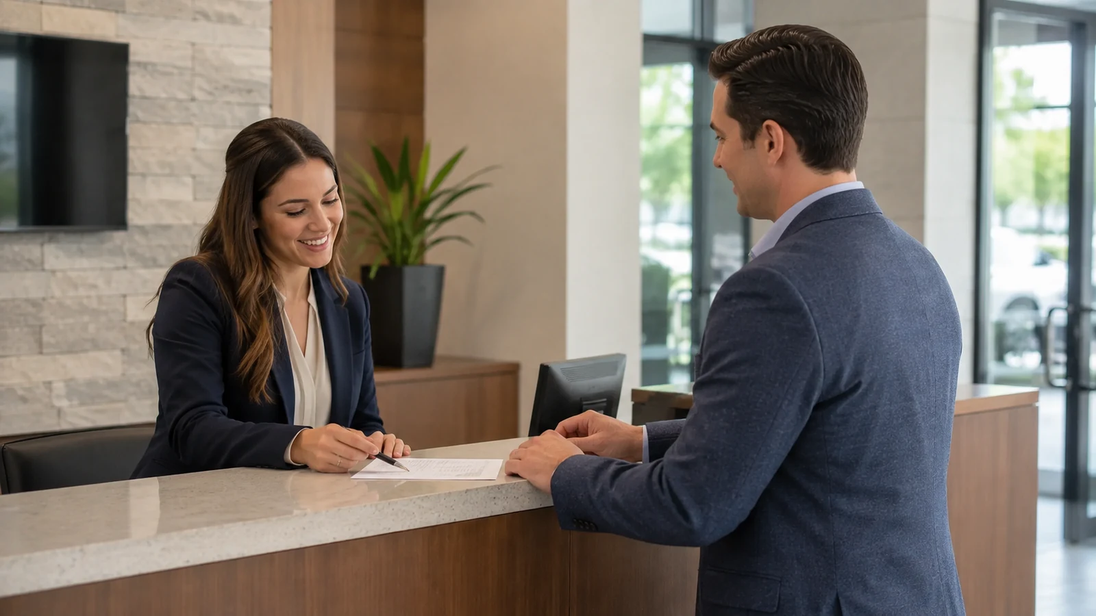 A female bank teller serves a male customer across a staffed counter inside an operating financial branch