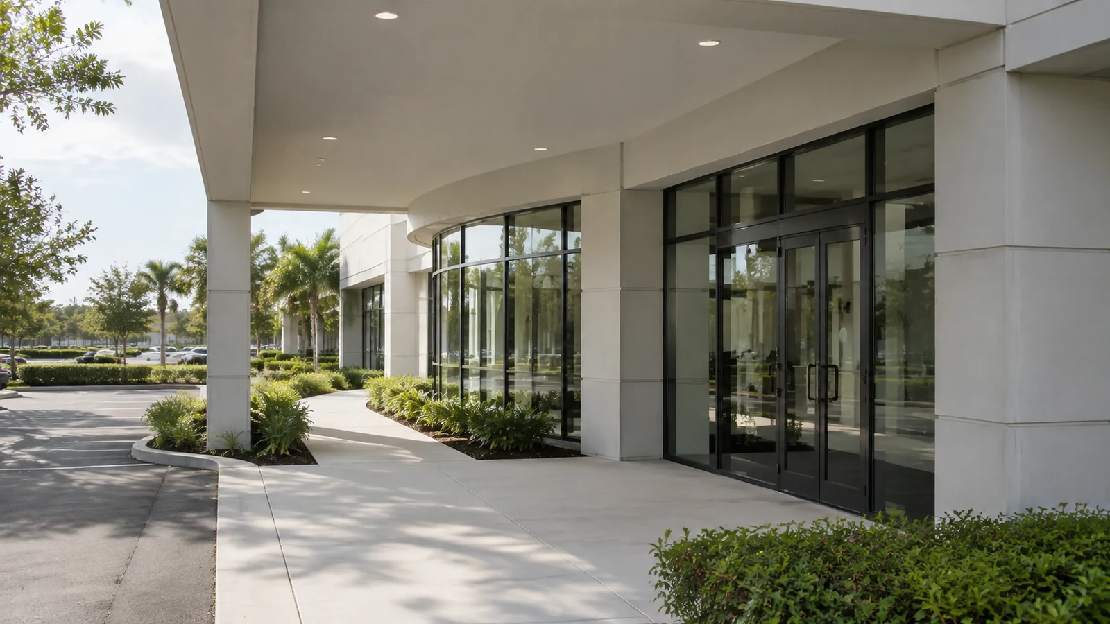 Medical office entrance with a covered pedestrian approach and landscaped facade