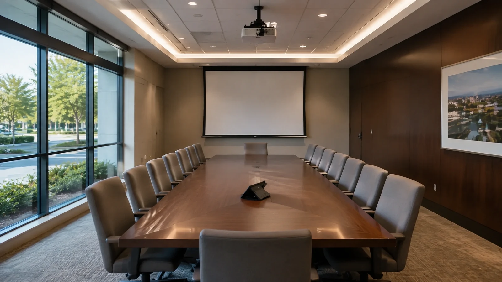 Meeting room with a long table, tabletop controller, projection screen and ceiling-mounted projector.