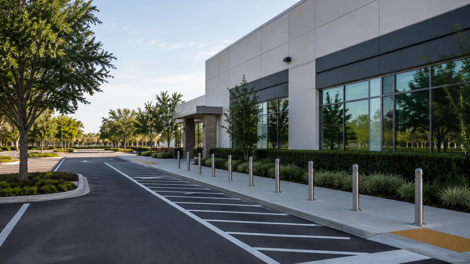Education-building access road beside a clearly marked pick-up and drop-off zone.