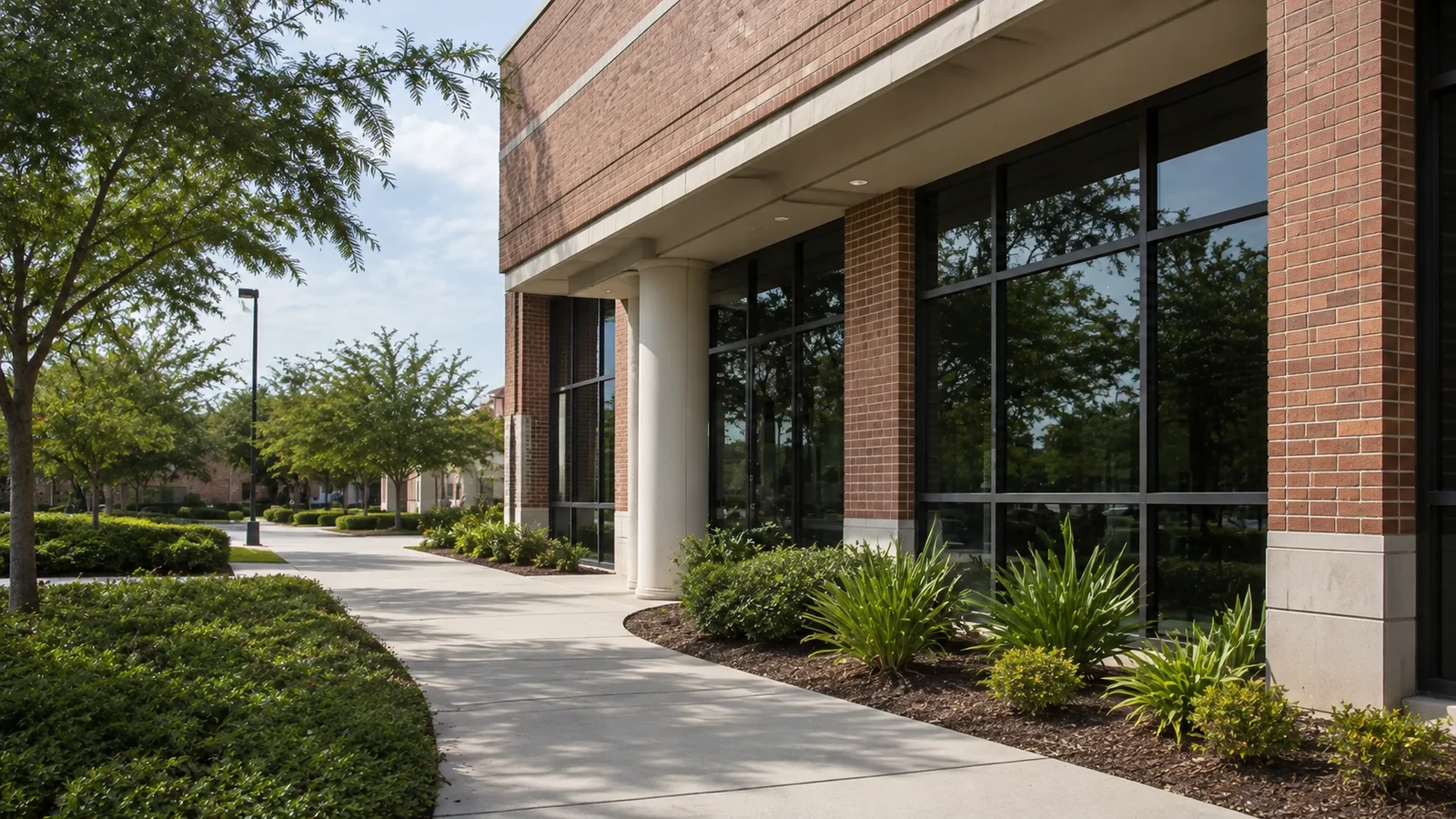 Brick academic building with broad windows, a covered entry walkway and tropical landscaping.