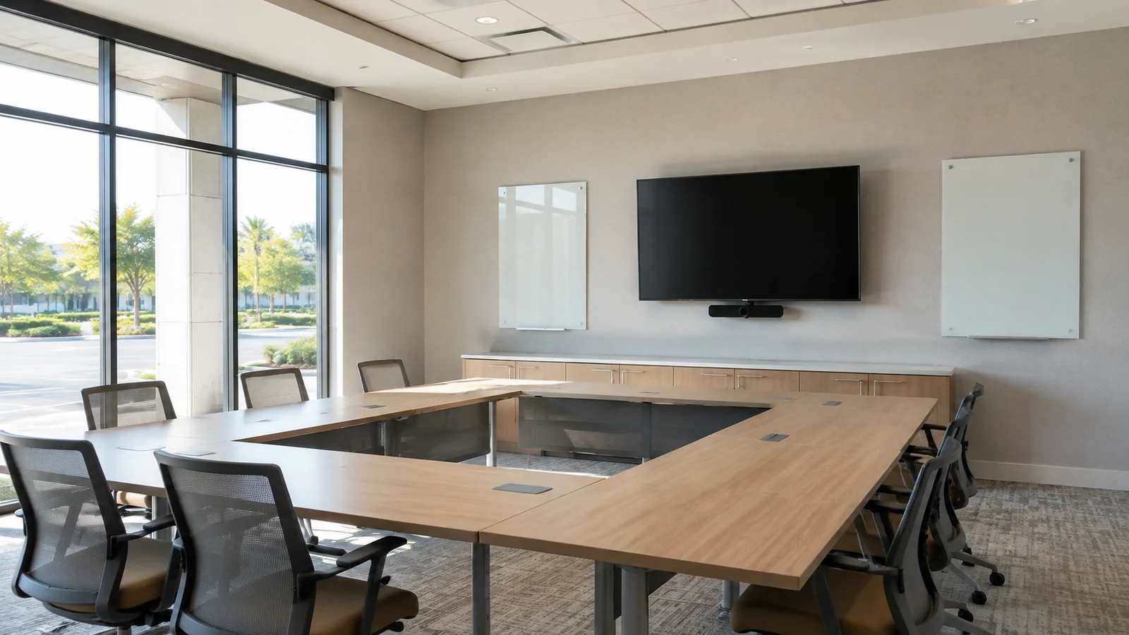 Bright professional conference room with a wall-mounted display, whiteboards and meeting tables.
