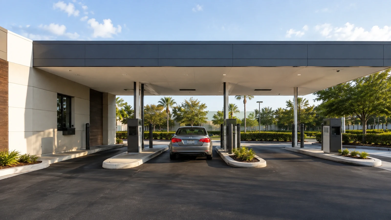 Covered commercial bank drive-through with multiple vehicle lanes and a teller service window.