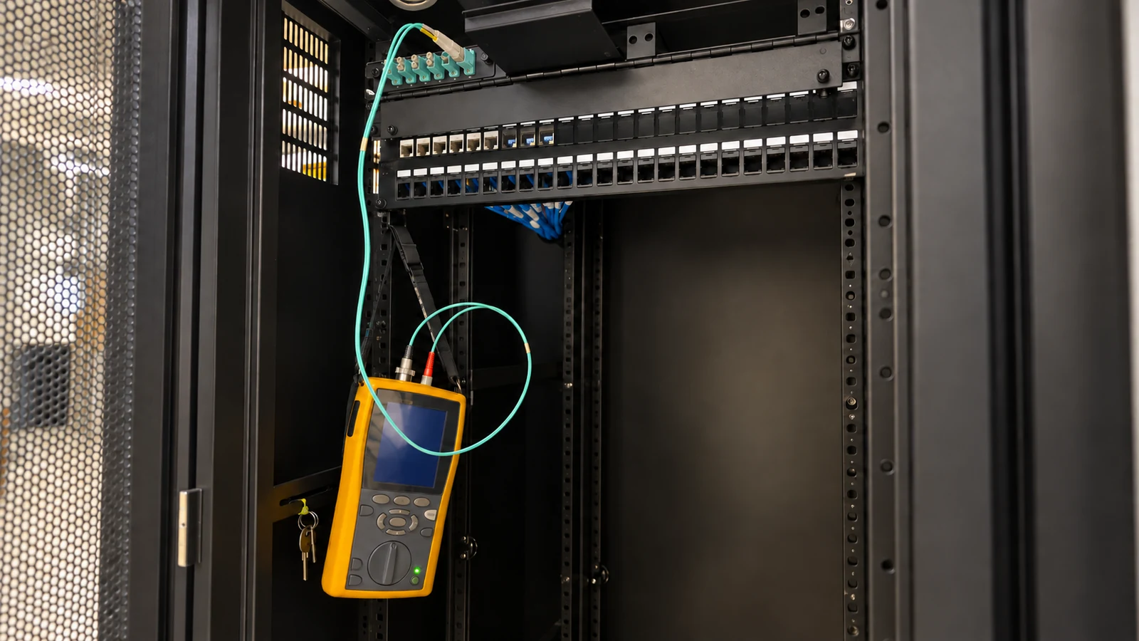 Handheld optical tester supported by a strap, with aqua test leads connected to a rack fiber panel.